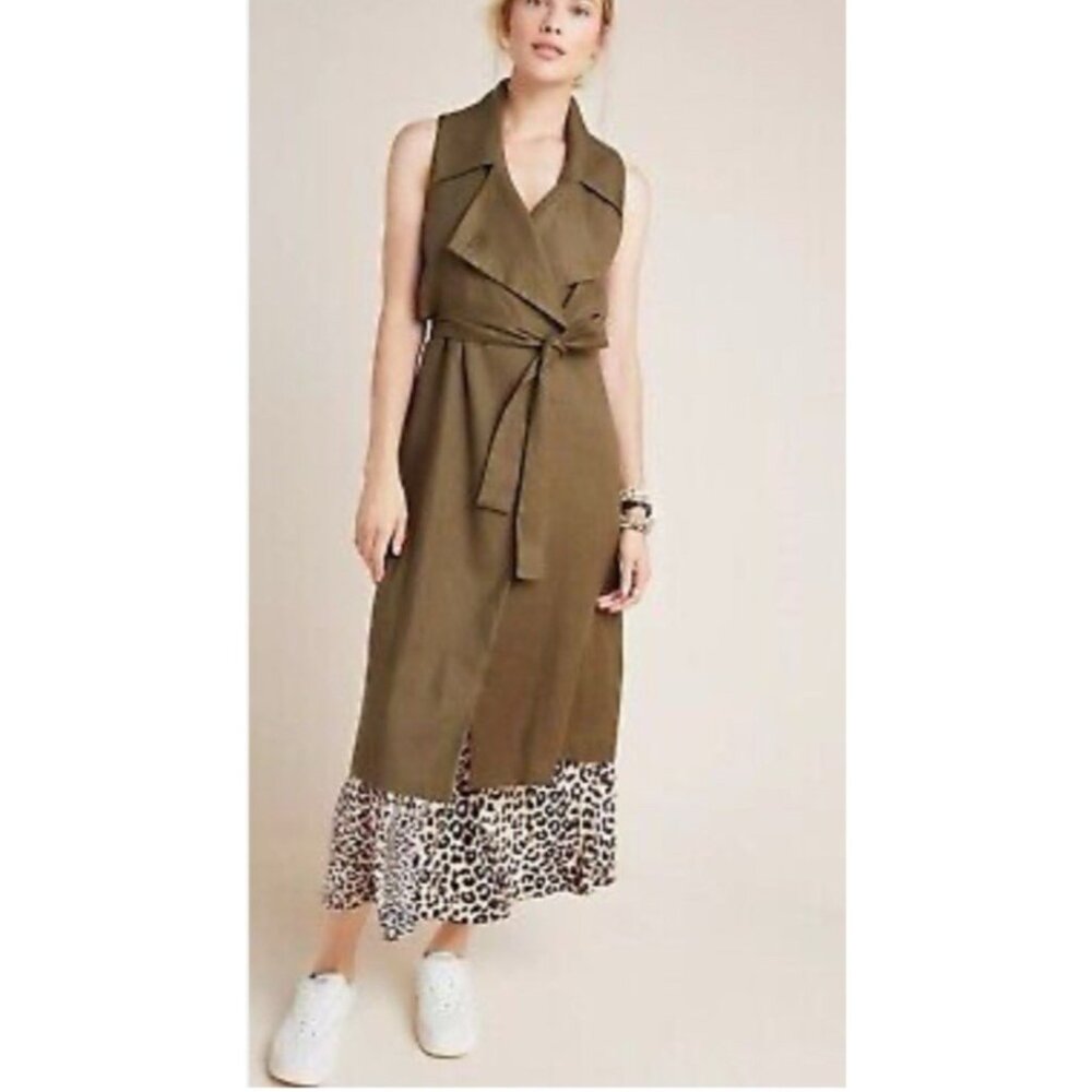 Anthropologie Hollis Trench Vest Jacket S Green Linen Sleeveless Shirt Dress